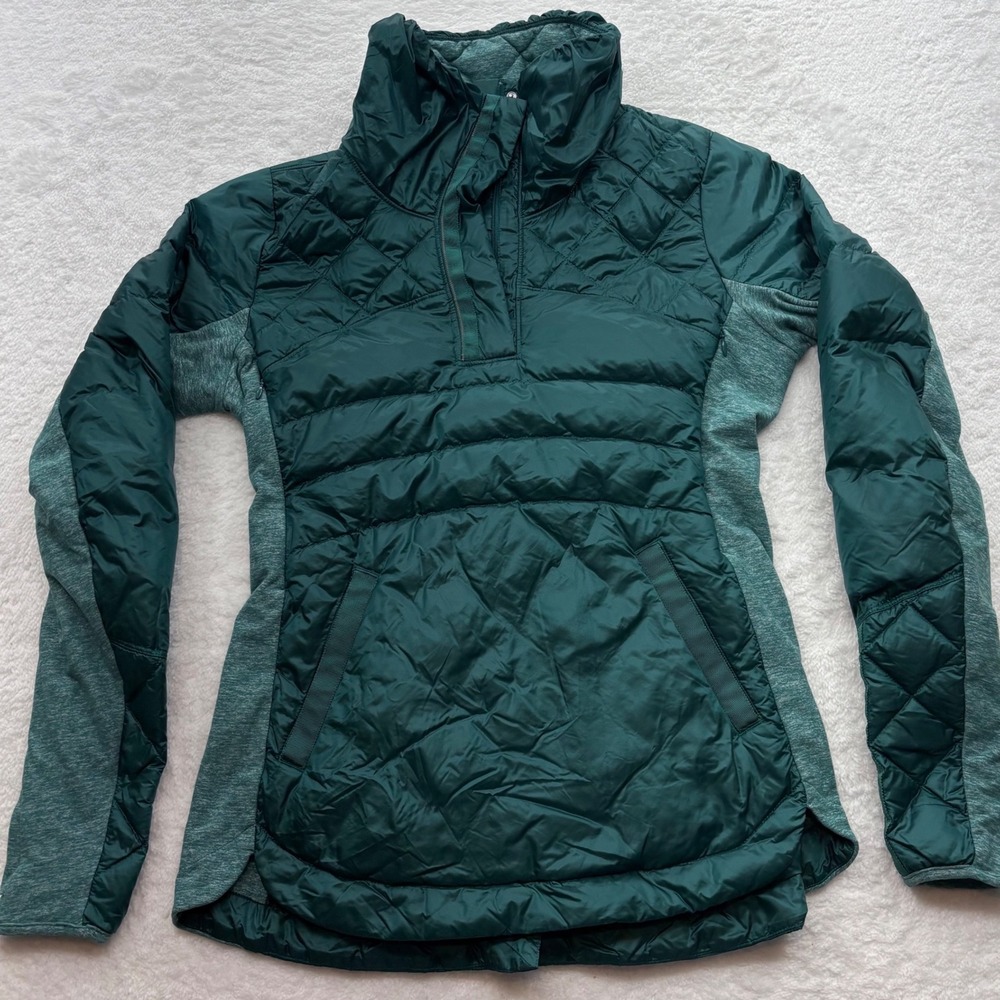 Lululemon Down For A Run Pullover Jacket Green Quilted Goose Down Hybrid Size 4